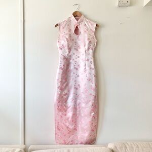 NEW Pink Floral Satin Qipao Dress